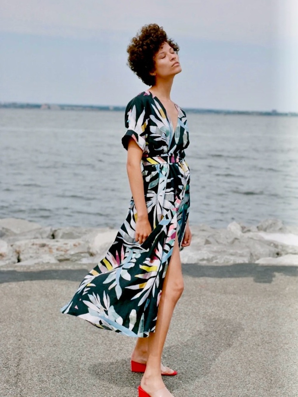 Mara Hoffman Wrap Dress, Tropical Print on Black Background. Linen.